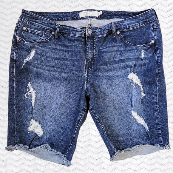 torrid Pants - Torrid Distressed High Waist Denim Cutoff Bermuda Shorts - Dark Wash